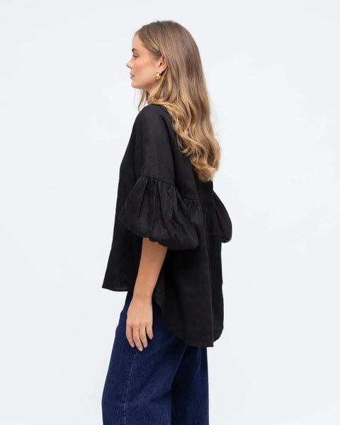Linen V Neck Puff Sleeve Top - Black