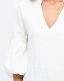 Linen V Neck  Puff Sleeve Top - White