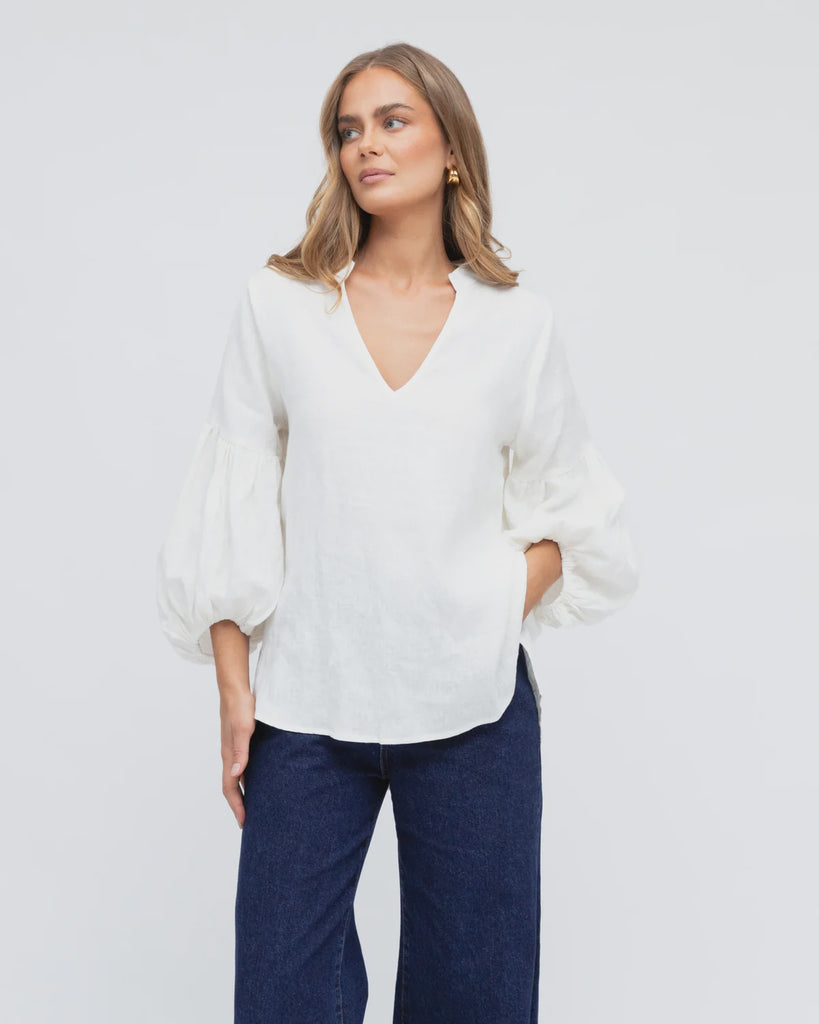 Linen V Neck Puff Sleeve Top - White