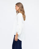 Linen V Neck  Puff Sleeve Top - White