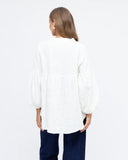 Linen V Neck  Puff Sleeve Top - White