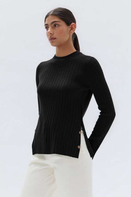 Adria Wool Cashmere Knit Long Sleeve Top - Black