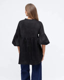 Linen V Neck Puff Sleeve Top - Black