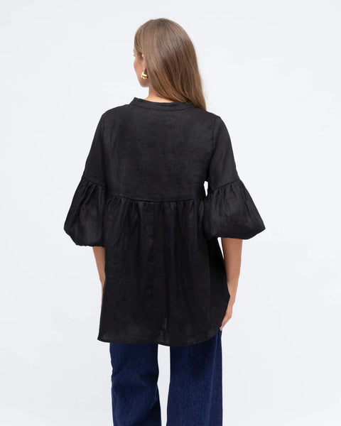 Linen V Neck Puff Sleeve Top - Black